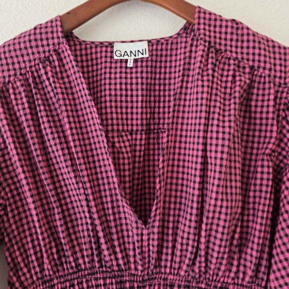 GANNI Carmine Rose Seersucker Check Gingham V Neck Gathered Midi Dress Small /36 - Picture 8 of 16